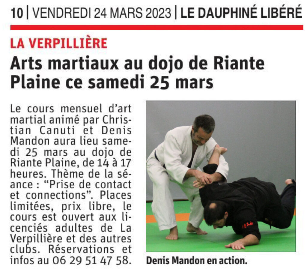 Denis-Mandon-pratiques-arts-martiales-defense-personnelle-budo-bujutsu-actualites-2023-03-25 Article Dauphine Annonce stage Denis